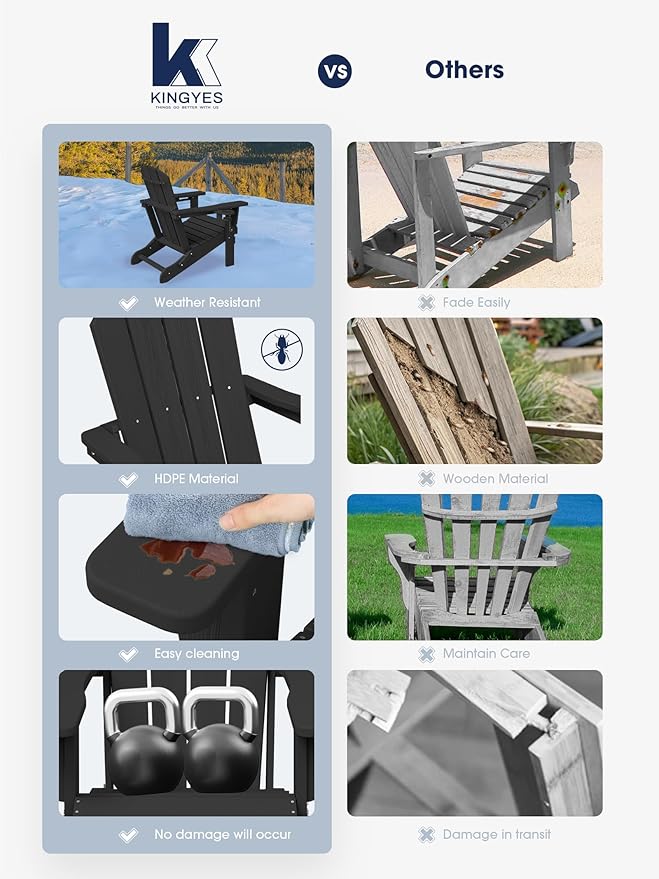 KINGYES Folding Adirondack Chair with Dual Cup Holders - HDPE All-Weather Outdoor Chairs, Wood-Like Patio Chair for Backyard, Camping, Pool & Fire Pit, Black