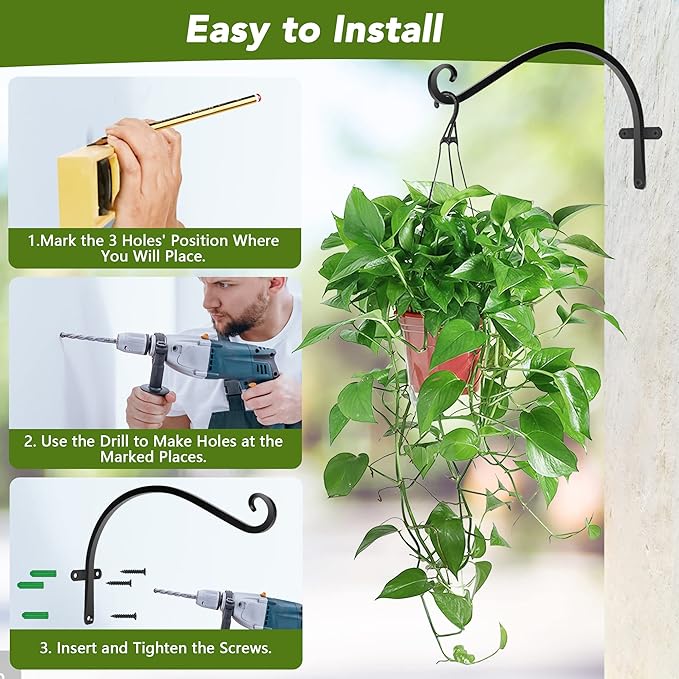 HOOPLE Plant Hangers Outdoor Heavy Duty 4 Pack, Cast Iron Bird Feeder Hanger, Metal Black Plant Brackets Hook for Hanging Flower Baskets, Elegant Design, Large Bearing Capacity