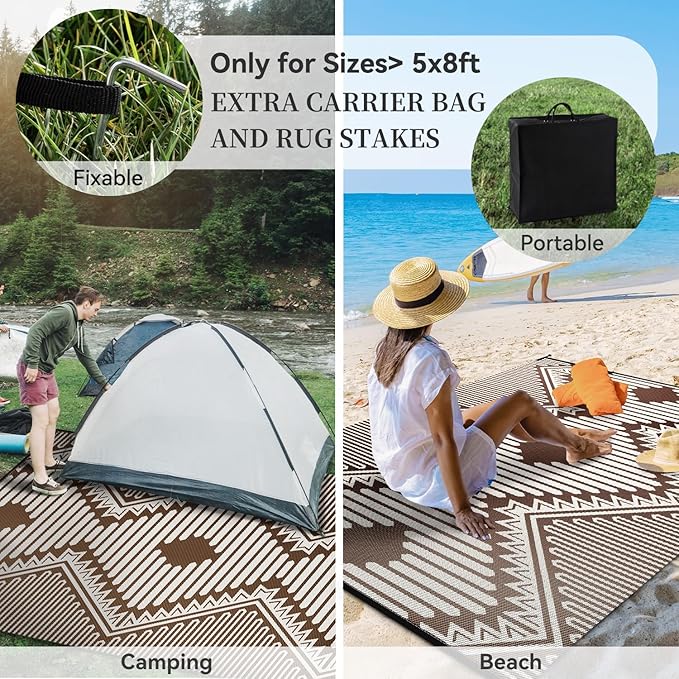 MontVoo Outdoor Rug 8x10 Waterproof Patio Rug-Outdoor Carpet Mat Reversible Plastic Straw Outside Outdoor Rug for RV Camping Picnic Balcony Backyard Pool Deck Porch Modern Boho Beige Brown