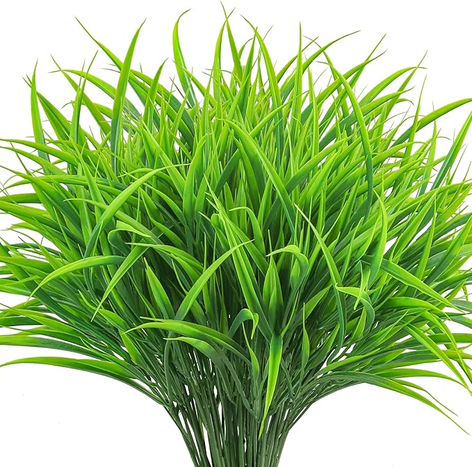 Ouddy Decor 16 Bundles Artificial Plants Outdoor Fake Grass Greenery Stems UV Resistant Faux Plastic Shrubs for Spring Summer Garden Pathway Window Box Front Porch Home Decor, Green