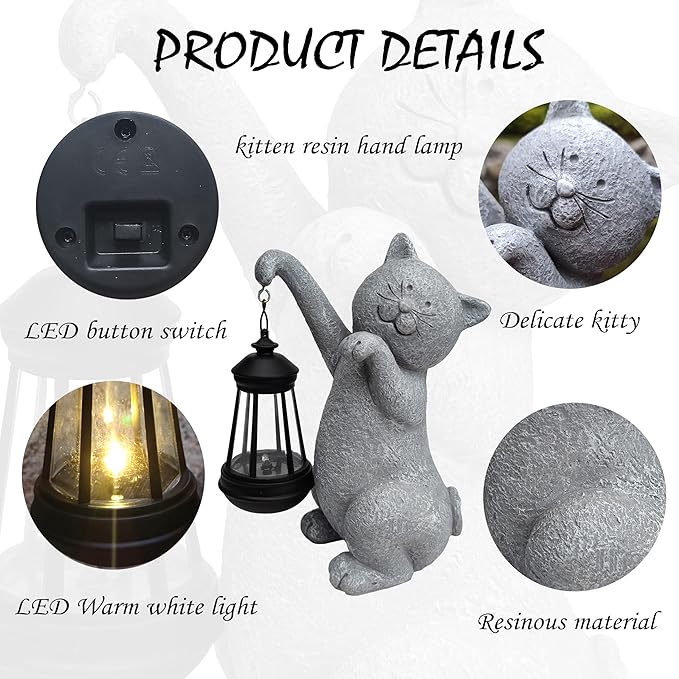 Cat Solar Garden Statues,Resin Cat Figurine Decorations with Solar Lights Lantern, Outdoor Figurines Lawn Cats Statue Decor Art for Lawn,Yard, Balcony Ornament,Gift for Garden Home Mom.