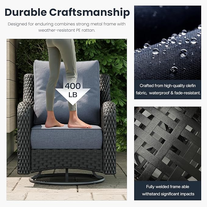 6 Pieces Outdoor Patio Furniture Sets with Rocking Swivel Chairs with 6-inch Thick Cushion and Side Table for Deck Lawn