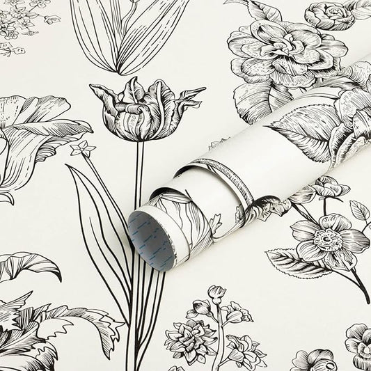 Dimoon 393"x17.3" Floral Peel and Stick Wallpaper Beige Contact Paper Waterproof Wallpaper Delicate Vintage Flower Thicken Plant Self Adhesive Removable Wall Covering Shelf Liner Decal Vinyl Roll