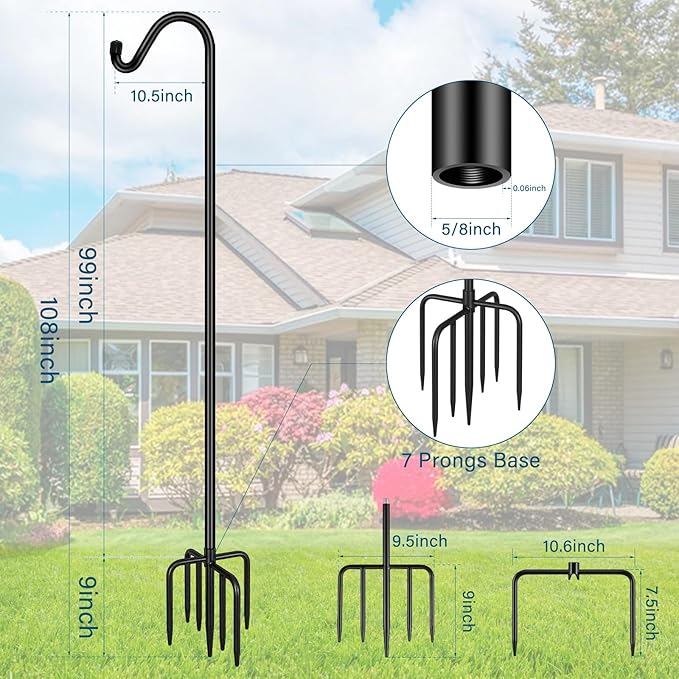 Gtongoko Tall Shepherds Hook for Outdoor, 108 Inch Bird Feeder Pole with 7 Prongs Base, 5/8 Inch Thick Heavy Duty Adjustable Garden Hook for Hanging Plant, Lantern, Hummingbird Feeder, 1 Pack