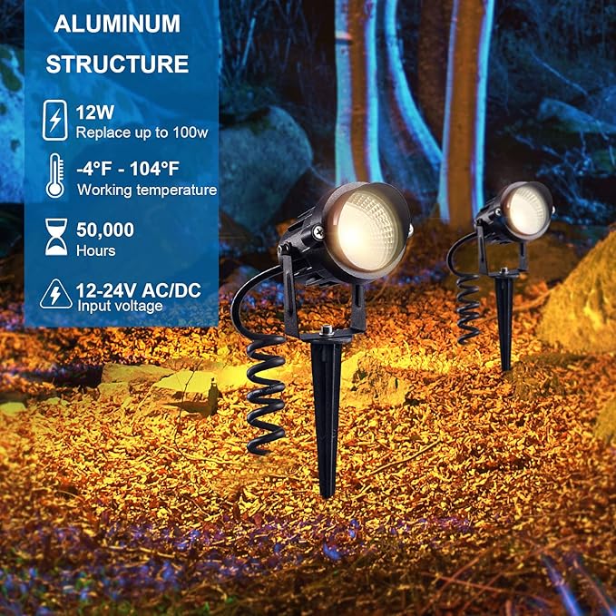 SUNVIE 12W LED Low Voltage Landscape Lights, Outdoor 12V 3000K Warm White (900LM) Waterproof Garden Pathway Lights Wall Tree Flag Spotlights with Spike Stand, 2 Pack with Connector