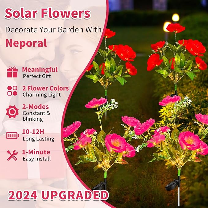 Neporal Solar Flowers Outdoor Waterproof Camellia，4PK Decorative Garden Lights Solar Powered Dusk to Dawn, 7-Stem, 2 Lighting Modes Plants Lights for Yard, Backyard, Porch (Pink+Red)