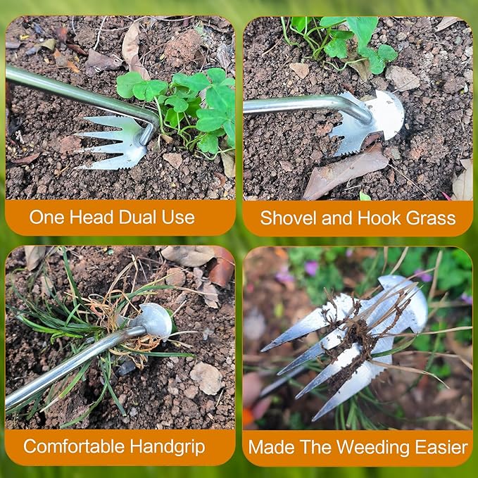 Amposei Weeding Artifact Uprooting Weeding Tool, Multifunctional Weeder, Hand Weeder Tool, Stand Up Weed Puller Tool with Handle for Garden Yard Farm Weed Removal (11in, Wood 2PCS)