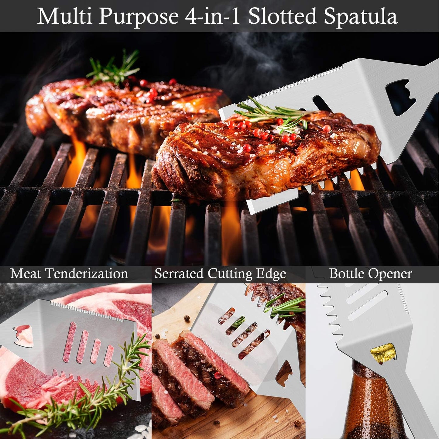 ROMANTICIST 30pcs Stainless Steel Grill Tool Set, Heavy Duty BBQ Grilling Accessories for Men Women, Non-Slip Grill Utensils Kit with Thermometer Mats in Aluminum Case for Fathers Day Silver