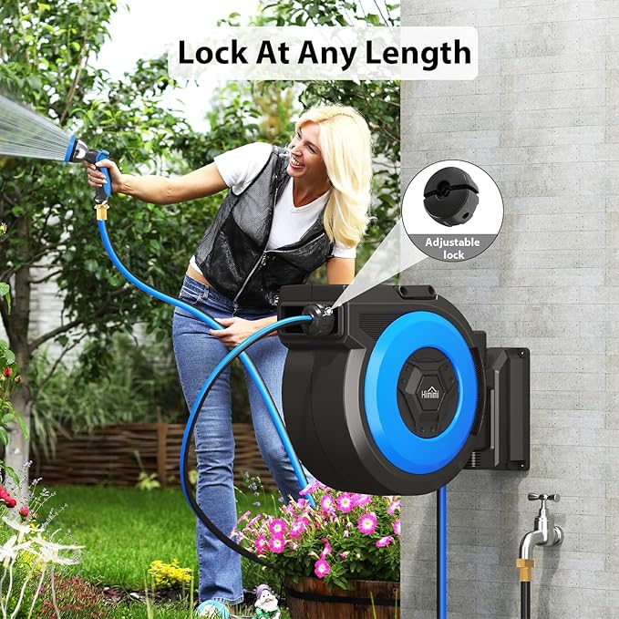 Retractable Garden Hose Reel, 5/8" x 90FT Automatic Retractable Water Hose Reel Wall Mount, with 10- Function Sprayer Nozzle, Any Length Lock/Auto Rewind/180°Swivel