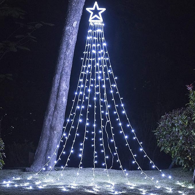 Christmas Decoration Lights, Outdoor Christmas String Lights 320 LED 11.5 Ft Waterfall Tree Lights with Big Star Topper 8 Light Modes for Christmas New Year Holiday Garden Yard Indoor Outdoor Decor