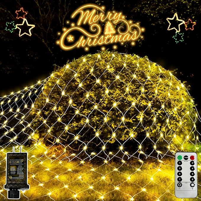 JXLEDAYY 2 Pack Total 400 LED Christmas Net Lights Outdoor Mesh Lights Fairy String Lights Plug in with Timer 8 Modes Waterproof for Outside Bush Window Wall Patio Fence Tree Decorations-Warm White
