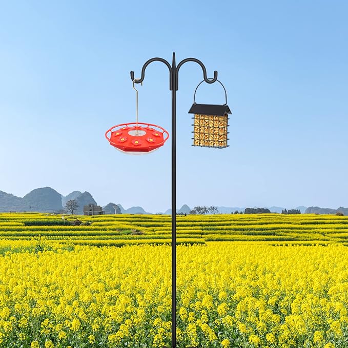 FEED GARDEN Adjustable Double Shepherds Hook for Outdoor with 5 Prong Base 92 Inch Heavy Duty Two Sided Bird Feeder Pole for Hanging Plant Baskets, Solar Light Lanterns, Wind Chimes