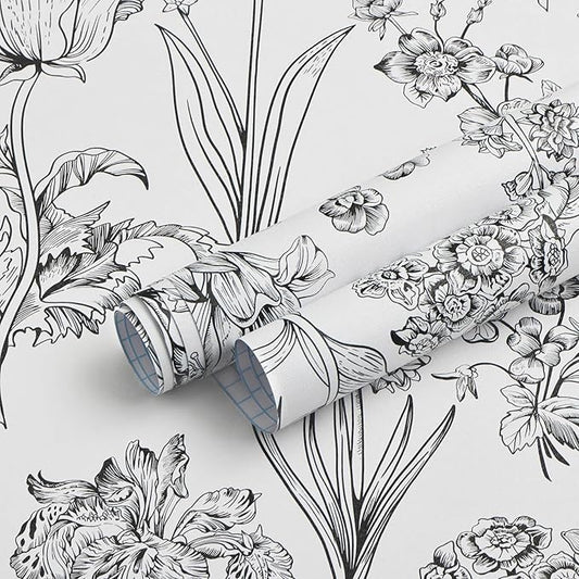 Dimoon 236"x17.3" Floral Peel and Stick Wallpaper White Contact Paper Waterproof Black Lines Wallpaper Vintage Flower Thicken Plant Self Adhesive Removable Wall Covering Shelf Liner Decal Vinyl Roll