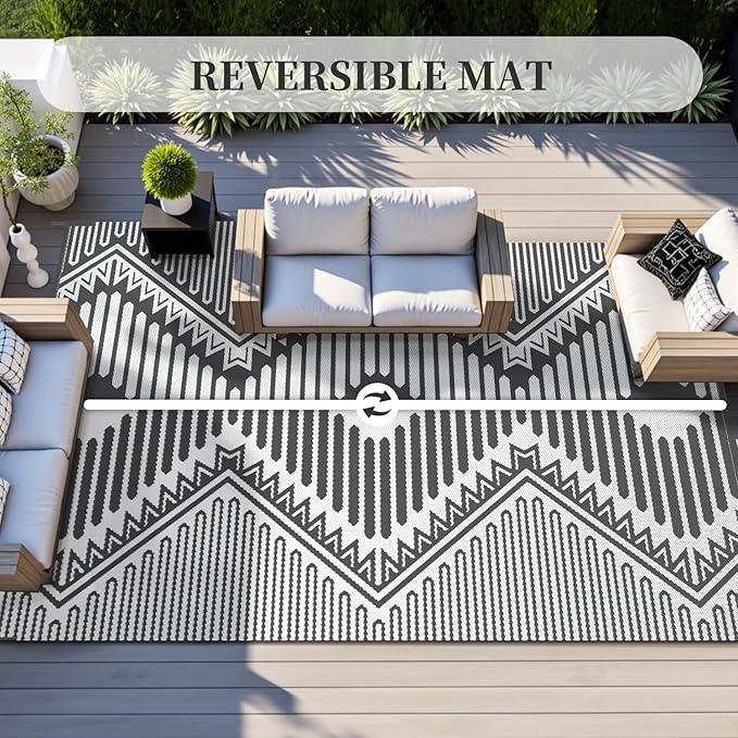 MontVoo Outdoor Rug 9x12 Waterproof Patio Rug-Outdoor Carpet Mat Reversible Plastic Straw Outside Outdoor Rug for RV Camping Picnic Beach Balcony Backyard Pool Deck Porch Modern Boho Grey