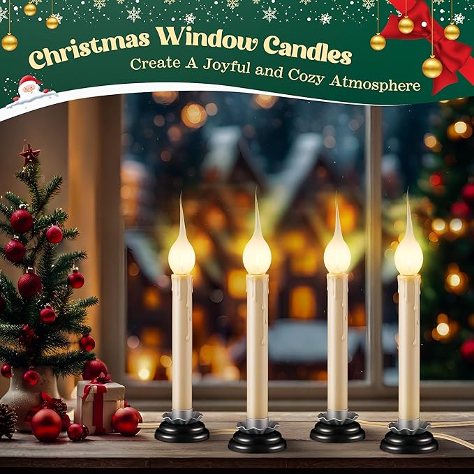 Enhon 4 Pack Rustic Country Candle Lights with Replacement Silicone Bulb, C7 0.6W Electric LED Christmas Window Candles Plug in, UL Certification Warm White Candlestick Lamp, 5 FT Cord, On/Off Switch