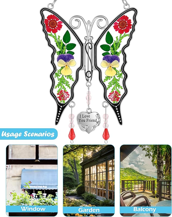 KY&BOSAM Butterfly Suncatcher I Love You Friend Stained Glass Butterfly Suncatchers Hanging for Window Wind Chime Car Charms Gifts for Friend Mother`s Day Valentine's Birthday Christmas Thanksgiving