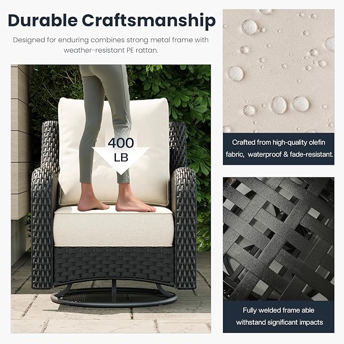 8 Pieces Outdoor Patio Furniture Sets with Rocking Swivel Chairs with 6-inch Thick Cushion and Fire Pit Table for Deck Lawn