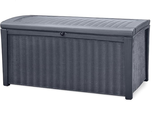 Keter Outdoor Storage Deck Box for Patio, Backyard & Garden, Borneo, 110 Gal, Grey - Lockable, Organizing, and Waterproof Plastic Container Bench