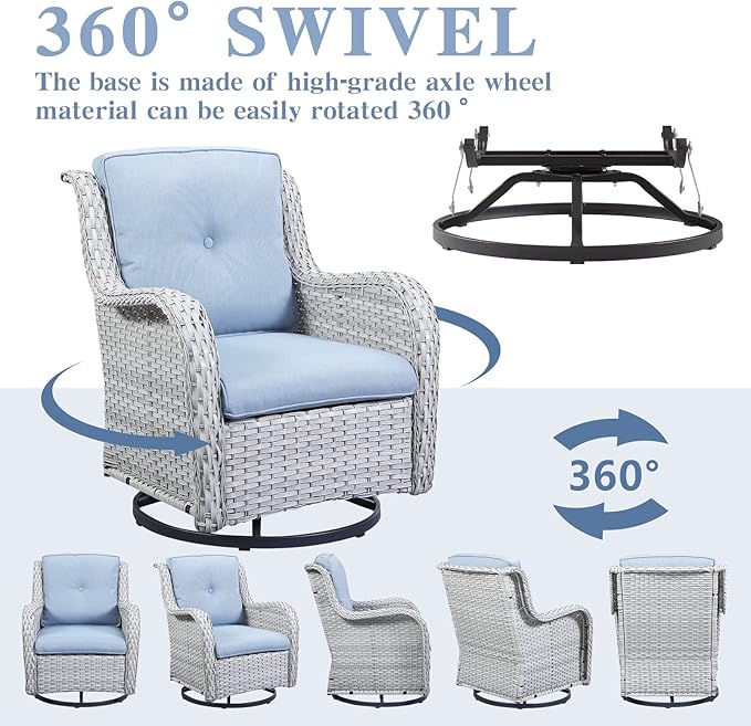 Outdoor Swivel Rocker Furniture 5 Pieces Patio Wicker Furniture Sets, Rattan Patio Swivel Glider Chairs with 2 Ottoman and Glass Side Table