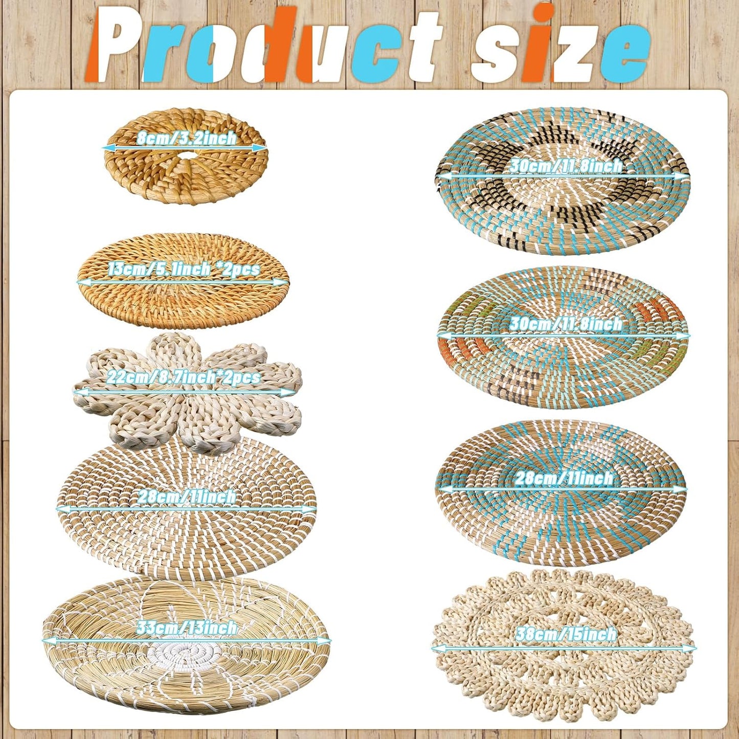 Xuhal 11 Pcs Boho Hanging Wall Basket Decor Handmade Woven Basket Wall Decorative Boho Wicker Baskets Placemats Round Farmhouse Bulrush Art for Rustic Home Decorations Christmas Gift(Bright)