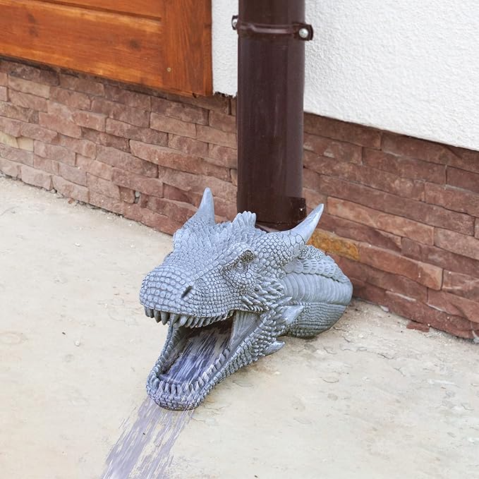 Dragon Garden Downspout Sculpture; Splash Block Anchor w/Ramp for Downspout Extension