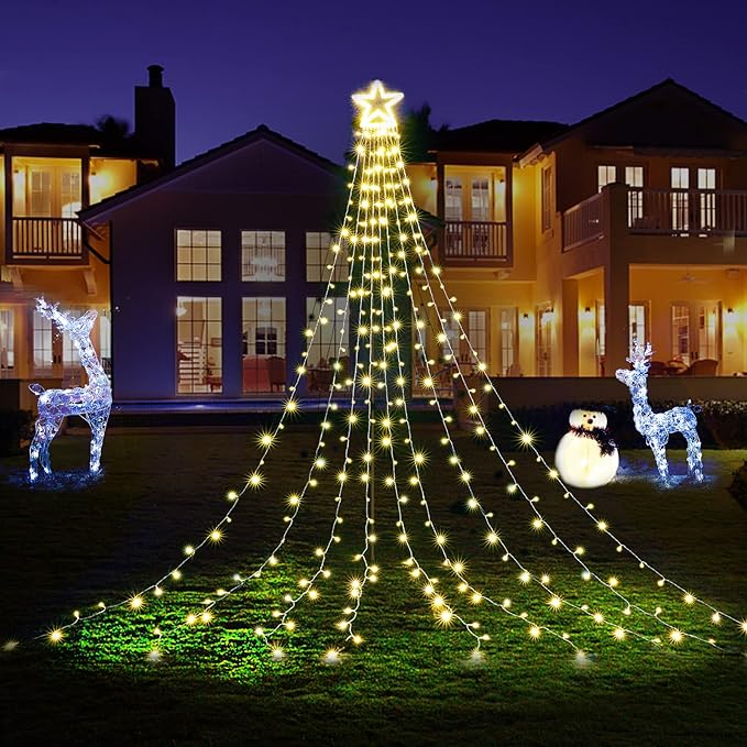 BlcTec Outdoor Christmas Decorations, 317 LED Christmas Lights with 9 Strands 11.9ft Waterfall Christmas Tree Lights, 8 Modes, Waterproof, Topper Star & Timer for Yard Patio Xmas Décor, Warm White