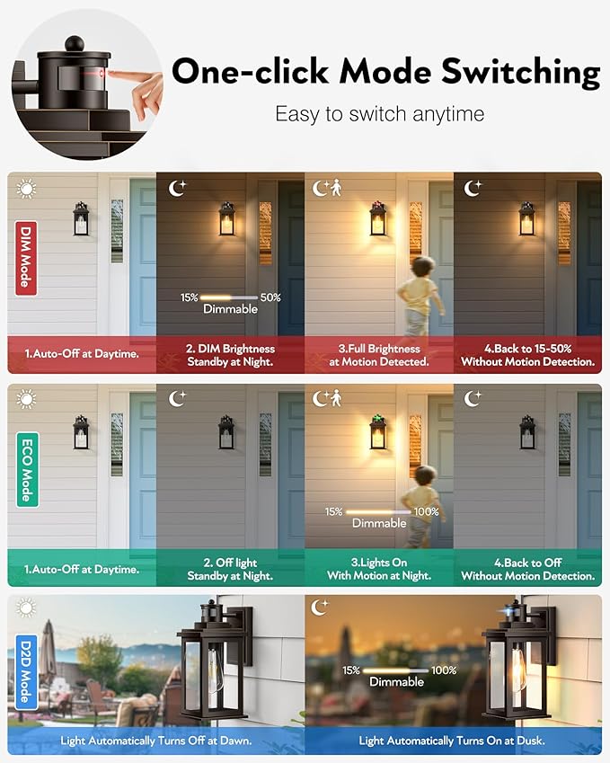 VIANIS Distance-Adjustable Motion Sensor Porch Light, 2-Pack Oil Rubbed Bronze Waterproof Outdoor Light fixtures Wall Mount, Anti-Rust Dusk-to-Dawn Outdoor Lanterns for Porch, Garage, Front Door