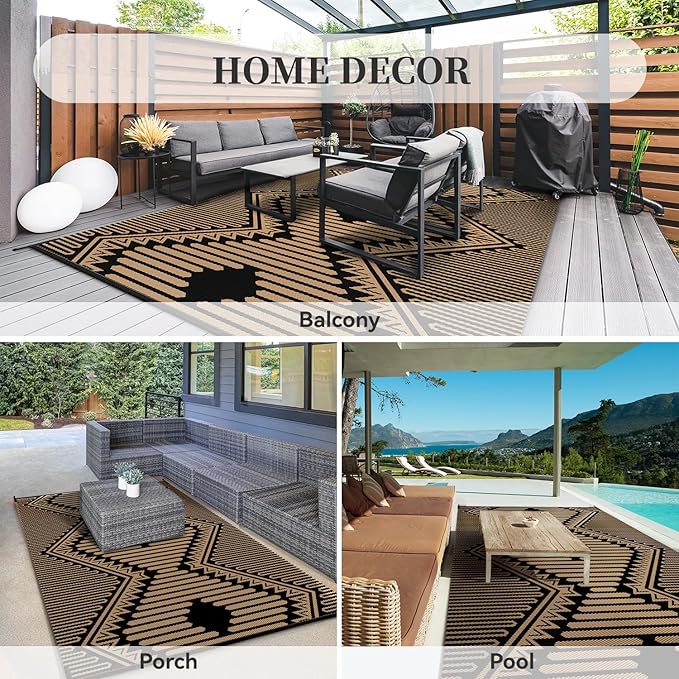 MontVoo Outdoor Rug-Waterproof Camping Rug Patio Rug Mat 6x9 Reversible Plastic Straw Outside Outdoor Rug for RV Camping Picnic Balcony Backyard Pool Deck Porch Modern Boho Black Brown