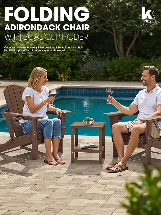 KINGYES Folding Adirondack Chair Set of 8, Dual Cup Holders & All-Weather HDPE, Wood-Like Patio Chair for Backyard, Camping, Pool & Fire Pit, Brown