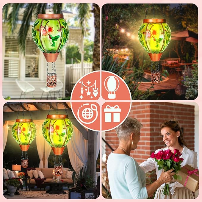 Hummingbird Solar Hot Air Balloon Lantern,Outdoor Decor with Flame Lights Waterproof, Hanging Lights for Garden Yard Lawn Patio, Unique Gifts for Women Mom Grandma Gardener for Mother'Day
