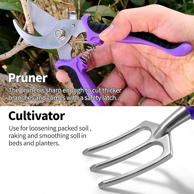 41-Piece Premium Gardening Tool Set, Stainless Steel Heavy Duty Gardening Tool Kit, with Non-Slip Rubber Grip, Storage Tote Bag, Outdoor Hand Tools, Ideal Gardening Gifts for All (Purple Floral)