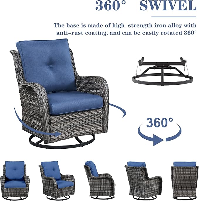Outdoor Sectional Sofa Furniture Set with Propane Fire Pit Table, Wicker Patio Conversation Set with 2 Swivel Glider Rocker Chairs Blue Cushion Perfect for Backyard Casual Gathering
