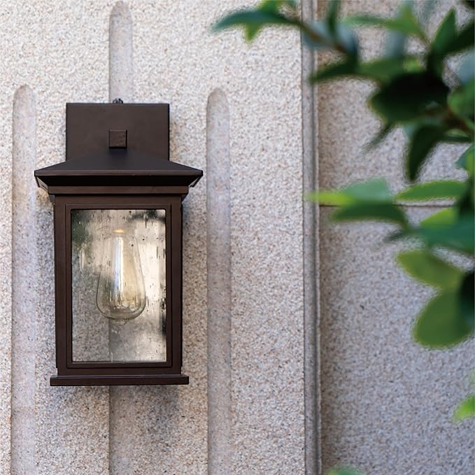 Dusk to Dawn Outdoor Wall Lantern, Exterior Wall Sconce Fixture with Tempered Clear Seeded Glass, Oil Rubbed Bronze (ORB) Finish for Outdoors (Medium Wall Mount - 2 Pack)