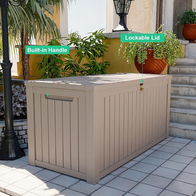 DRATO 180 Gallon Deck Box, Waterproof Resin Large Outdoor Storgae Box for Patio Furniture, Patio Cushions, Gardening Tools, Pool and Sports Supplies, Lockable