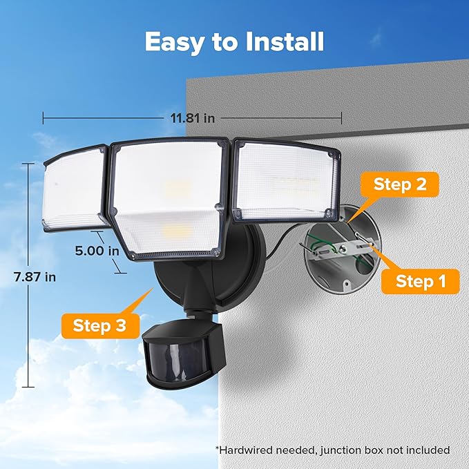 LUTEC 80W 9000LM LED Security Lights Motion Sensor Outdoor Lights, 4 Head LED Flood Light Outdoor 5000K Daylight, IP65 Waterproof, Motion Detected Light for Outside, Garage, Yard - 2 Pack (Black)