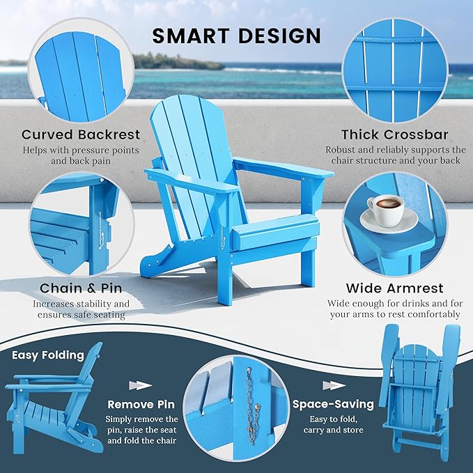 Westin Outdoors Laguna WO Outdoor Adirondack Folding Patio Chairs 8 PCS Set Retro Beach Aesthetic for Backyard, Lawn, Patio, Deck, Garden, Weather Resistant Polyethylene Plastic Lounger (Pacific Blue)