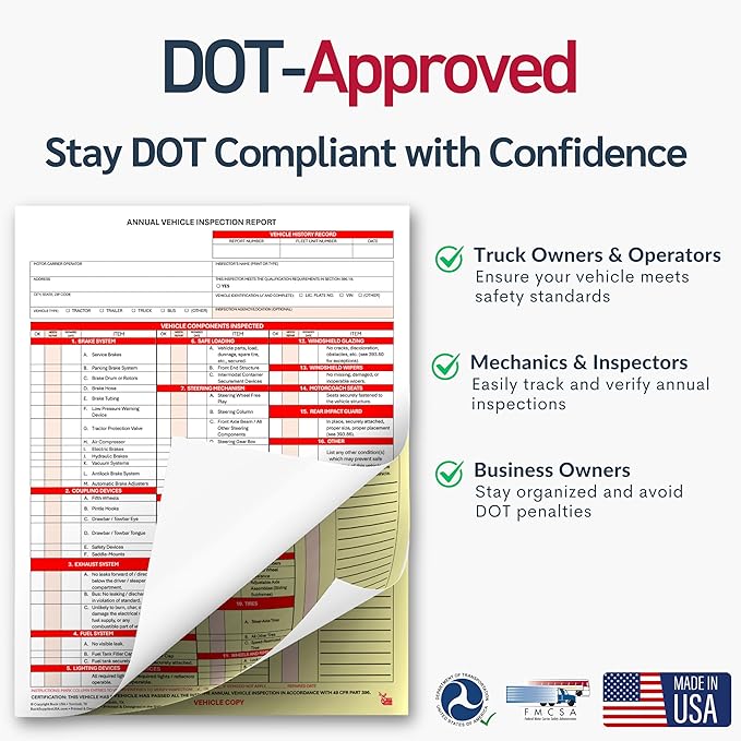 100 Pack 3-Ply Carbonless Annual Vehicle Inspection Report Forms with FMCSA Red Aluminum Labels & White Mylar Laminate Vinyl Labels, DOT Inspection Forms and Stickers, Shrink-Wrapped, 8.5" x 11.75"