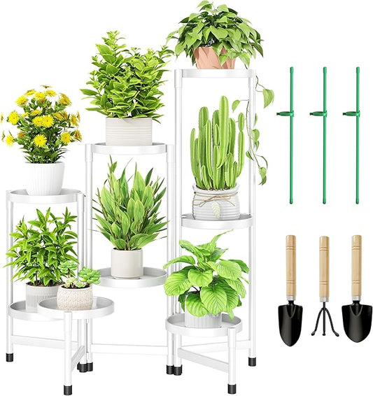 8 Tier Metal Plant Stand Indoor, Rotatable Corner Plant Shelf Outdoor, Tiered Flower Pot Display Stand, Multiple Plants Holder for Patio Living Room Balcony Garden Home Decor - White