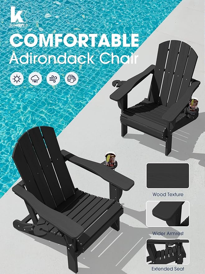 KINGYES Folding Adirondack Chair with Dual Cup Holders - HDPE All-Weather Outdoor Chairs, Black