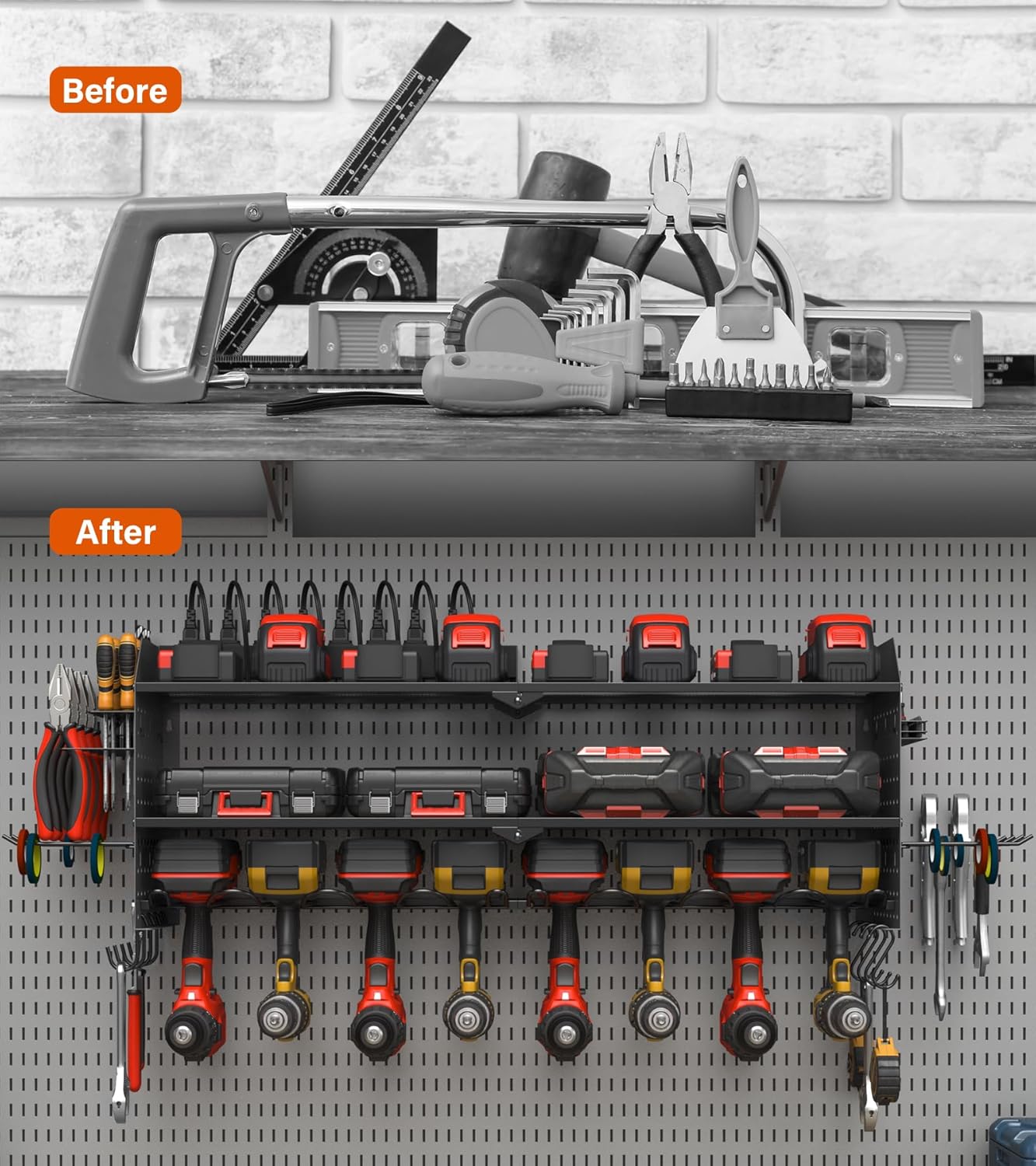 JUNNUJ Large Pegboard Power Tool Organizer with Charging Station, 8 Drills Driver and Tools Battery Holder Wall Mount with 8 Outlet 10 FT Power Strip, Black 3-Layer Shop Garage Storage Utility Rack