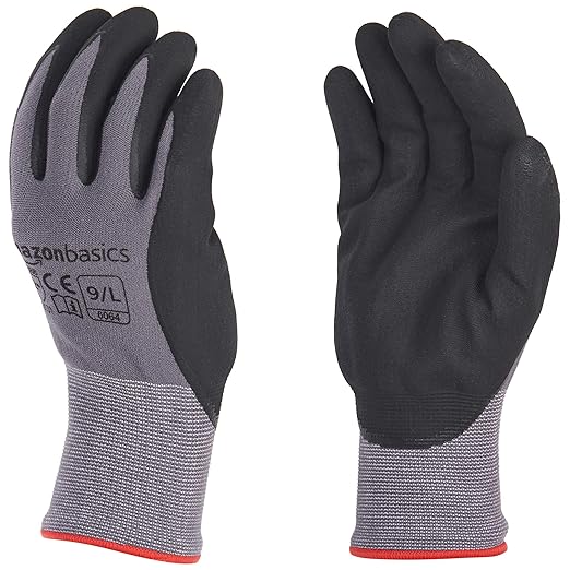 Amazon Basics Micro-Foam Nitrile Coated Work Gloves, Nylon Liner Fiber, Touch Screen, Grey, Size 9/L, 12 Pairs