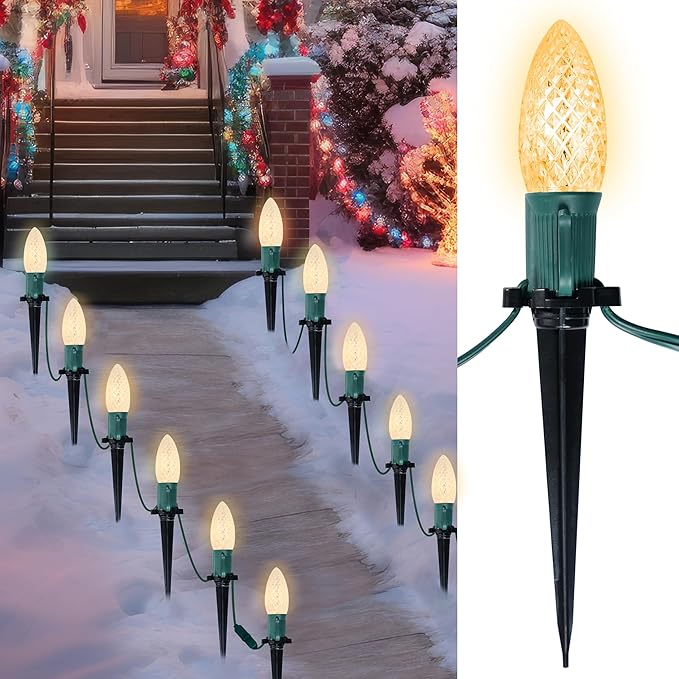 Joiedomi 30.75FT C9 Christmas Pathway Marker Lights, 24 LED Strawberry Stake Warm White Outdoor Faceted Walkway Decor with Connectable for Holiday Xmas Yard Garden Lawn
