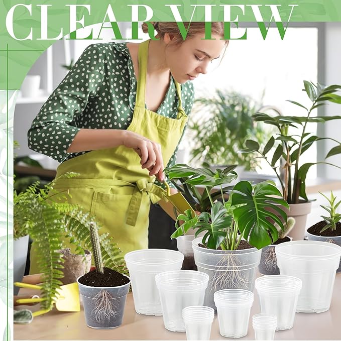 Vesici Large Size Clear Nursery Pots Variety Pack Plant Pots with Drainage Holes Planters for Indoor Plants Flexible Transparent Plastic Plant Bottle Succulents(24 Pcs,3/4/5/6/7/8/9/10 Inch)