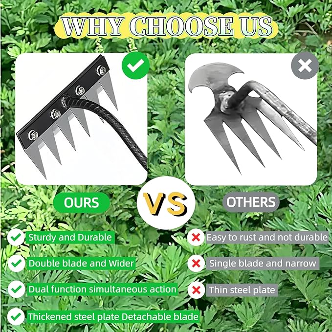 Gardenia Iron Weeding Rake, Iron Rake 2.0 for Gardening and Weeding, Detachable Double-Edged Blade Design Carbon Steel Heavy-Duty Weed Rakes,Hand Weed Puller Tools for Lawn Yard Garden Farm (5 teeths)