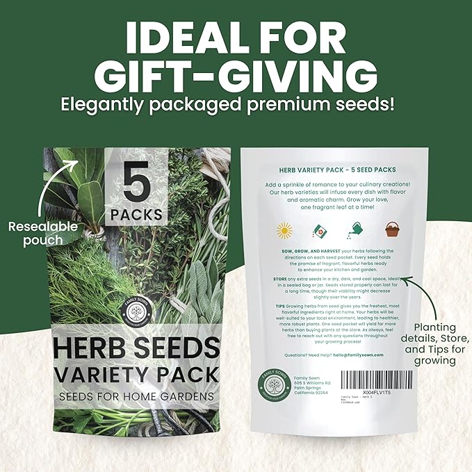 Herb Seeds | 5 Invidiual Packs | 2025 Season | Non-GMO | Basil, Dill, Mint, Parsley & Thyme! | for Planting Indoor & Outdoor | by Family Sown
