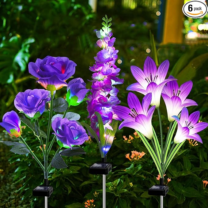 Solar Flowers Lights, 6 Pack Lily Rose Delphinium, Waterproof Gardening Gifts for Mom, Multi-Color Changing Outdoor Lights for Garden, Yard, Patio, Lawn