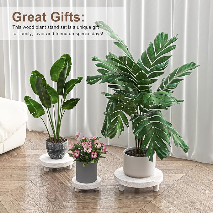 3 Pcs Wood Plant Stand Indoor Outdoor, Round Wood Riser for Decor 6/8/10" Wooden Stool Display Stand Flower Pot Holder Small Planter Tray Modern Potter Decorative (Rustic Grey)