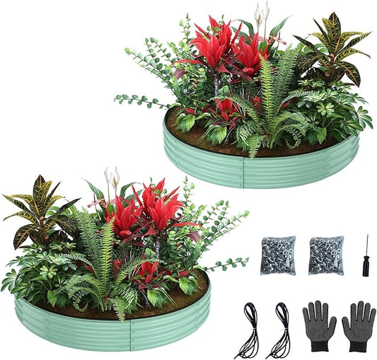 Galvanized Metal Planter Round Raised Garden Bed Kit for Gardening Outdoor，3x3x1ft 2PC Grow Garden Box Raised Flower Bed，Round Galvanized Planter Outdoor Large Metal Fire Pit Ring Green