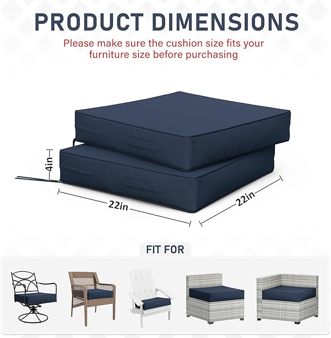 Patio Chair Cushions 22 X 22 X 4 Inch Waterproof Outdoor Seat Cushions for Patio Furniture, Outdoor Sofa Couch Pads with Ties & Handle, Set of 2, Navy Blue