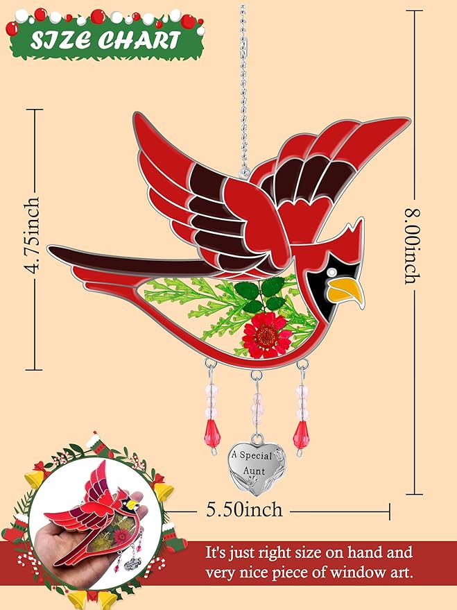 KY&BOSAM Cardinal Suncatcher A Special Aunt Had-Painted with Pressed Real Flower Wings Mother's Day Glass Hanging for Window Ornament with Metal Heart Charm Birthday Gift for Women Unique